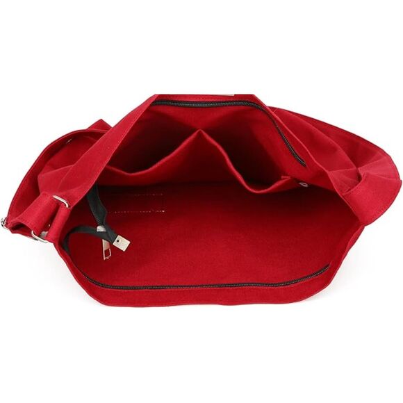 Women's Dark Red Imported Canvas Retro Large Size Shoulder Crossbody Tote Bag - Picture 3 of 4